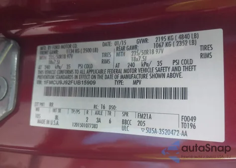 2015 Ford Escape Titanium z USA, uszkodzony, nr VIN 1FMCU9J92FUB15909